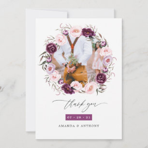 Tiefes Samt- und Rosé-Blumen-Hochzeitsfoto Dankeskarte