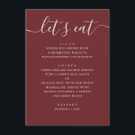 Tiefes Weinrotes Hochzeitsfest | Moderner Romantis Menükarte<br><div class="desc">Diese Hochzeits-Menükarte verfügt über ein sauberes, modernes Layout mit einer Schriftüberschrift und ordentlich organisierten Gerichten, wodurch es für die Gäste leicht ist, auf einen Blick zu lesen. Jeder Abschnitt ist klar strukturiert, das Design bleibt minimal, während das vollständige Menü auf eine polierte und ausgewogene Weise hervorgehoben wird. Der tiefe weinrote...</div>