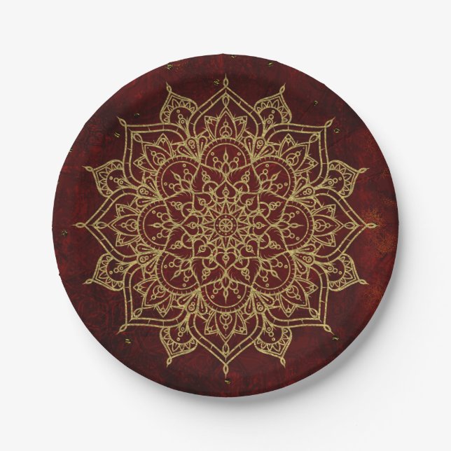 Tiefes Weinrotes Mandala & Gold Glam Modern Chic Pappteller (Vorderseite)