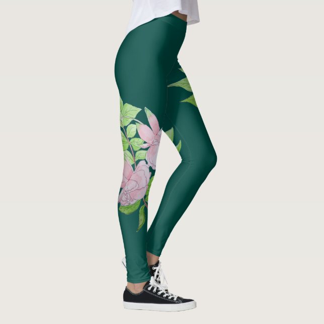 tiefgrün mit großem rosa Blume-Muster Leggings (Rechts)