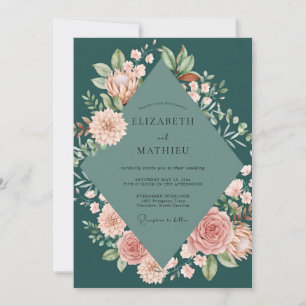 Tiefgrüne Fichten-Pfingstrosen-Hochzeit Einladung
