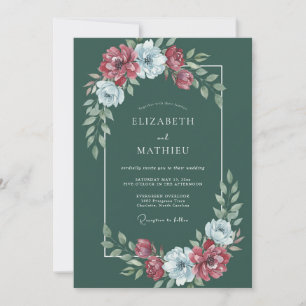 Tiefgrüne karmesinrote florale Aquarell-Hochzeit Einladung