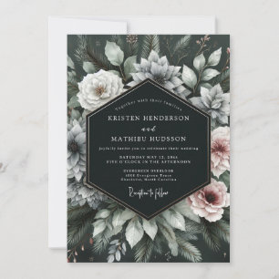 Tiefgrüne, melancholische florale Hochzeit Einladung