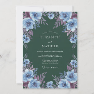 Tiefgrüne Pulverblaue Florale Hochzeit Einladung