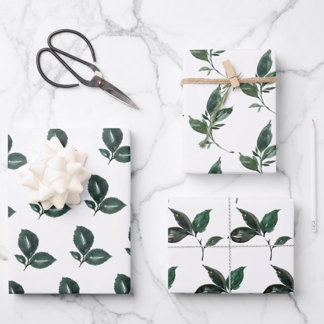 tiefgrünes und weißes Leaf Geschenkpapier Set (Vorderseite)