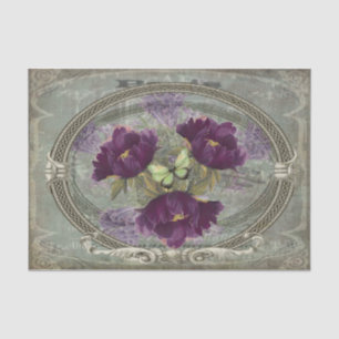 Tiefreiche große lila Blumen, grüner Schmetterling Seidenpapier