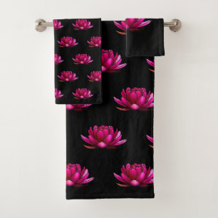 Tiefrosa Lotos-Blumen auf Schwarzem Badhandtuch Set