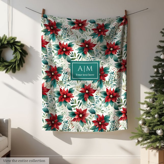 Tiefrot-grüne Poinsettia-Gebärdensprache Fleecedecke (Watercolor deep red poinsettia pastel green custom fleece blanket)