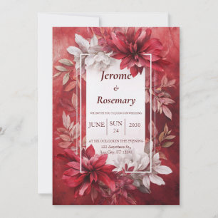Tiefrot Weiß Opulentes Florales Herbsthochzeit Einladung