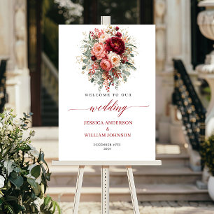 Tiefrote Boho-Blumen Herbst Eukalyptus Willkommen Poster