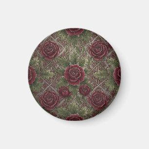 Tiefrote Burgunderrosen Grüne Ornamentale Gitter Magnet