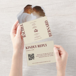 Tiefrote & Elfenbein-Typografie QR-Code-Hochzeit All In One Einladung