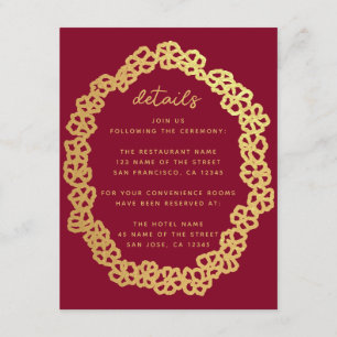 Tiefrote florale Hochzeitsdetails Faux-Gold-Kranz Begleitkarte