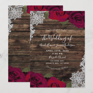 Tiefrote florale Rosen rustikale Holzspitze Hochze Einladung