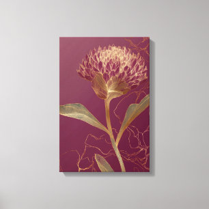 Tiefrote Goldene Botanische Blumenlinienzeichnung Leinwanddruck