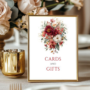 Tiefrote Herbst-Blumenkarten und Geschenke Tischde Poster