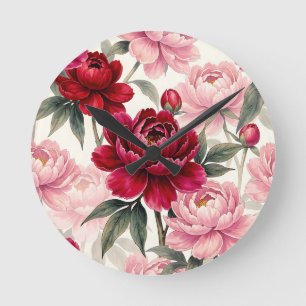 Tiefrote und rosa Pfingstrosen-Blumen-Aquarell-Mus Runde Wanduhr
