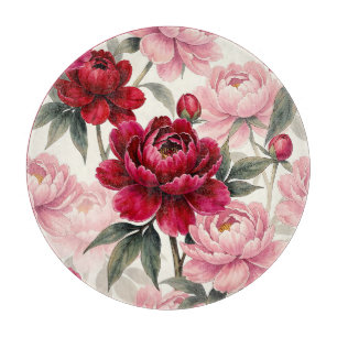 Tiefrote und rosa Pfingstrosen-Blumen-Aquarell-Mus Schneidebrett