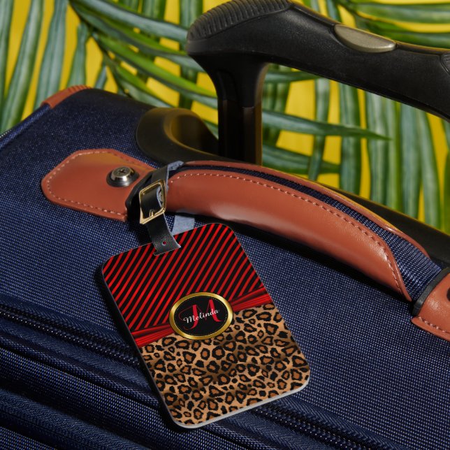Tiefroter Leopard-Tierdruck - Monogramm Gepäckanhänger (Vorderseite Insitu 1)