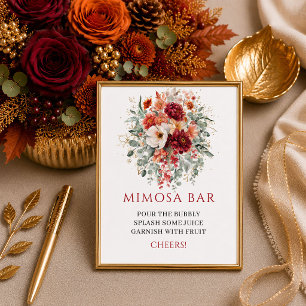 Tiefrotes Boho-Herbst-Blumen-Grün-Mimosa-Bar-Schil Poster