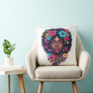 Tiefschwarze Frau mit hellen Blumen im Afro Kissen