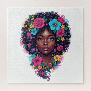 Tiefschwarze Frau mit leuchtender Blumen-Afro-Fris