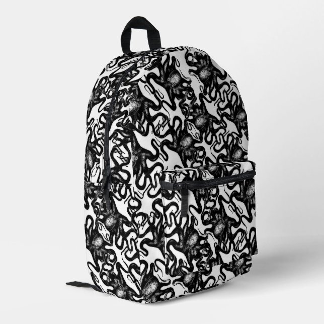 Tiefsee-Oktopus Schwarz auf weißem Illusionseffekt Bedruckter Rucksack (Rückseitige Ecke links)