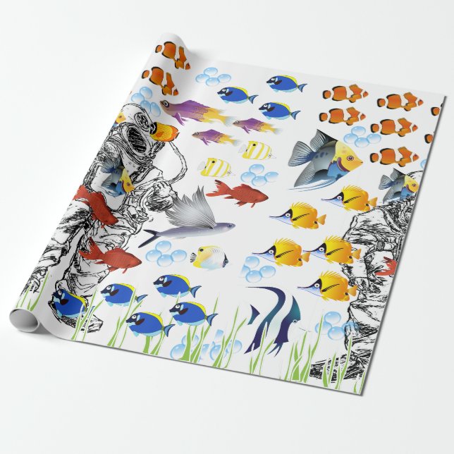 Tiefsee-Taucher und tropische Fische auf dem Geschenkpapier (Ungerollt)