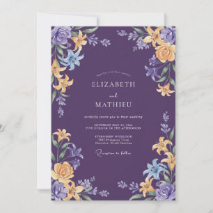 Tiefviolette, aufwendige botanische Hochzeit Einladung