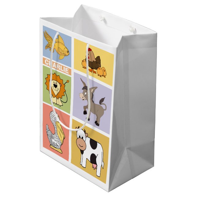 Tierabbildungen individuelle Name Kindergeschenkta Mittlere Geschenktüte (Rückseite Schrägansicht)