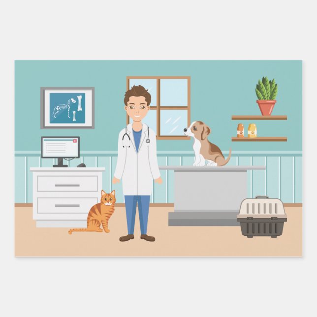 Tierarzt Blauer tierischer Typ Tierarzt Geschenkpapier Set (Vorderseite)