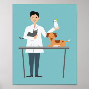 Tierarzt-Mann auf Blau mit Tieren Illustration Poster
