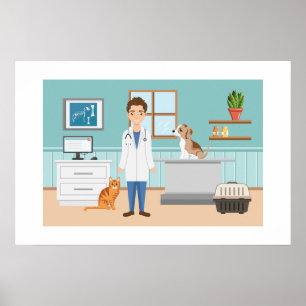 Tierarzt mit Welpen und Katze Poster