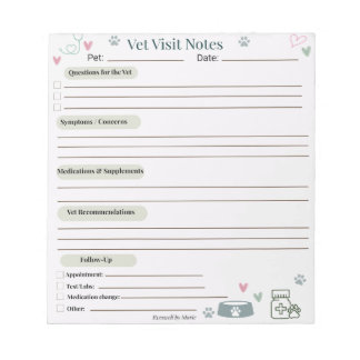 Tierarztbesuch-Notizen Haustierpflege-Notizblock Notizblock