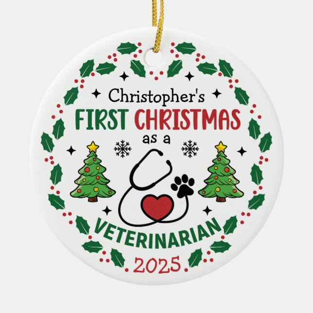 Tierärztliche Erste Weihnachtsrunde Personalisiert Keramik Ornament (Vorne)