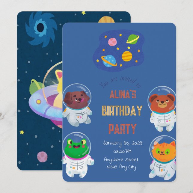Tierastronauten zum Geburtstag Einladung (Vorne/Hinten)