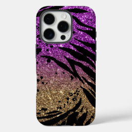 Tierdruck auf Lila und Gold-Glitzer iPhone 16 Pro Hülle