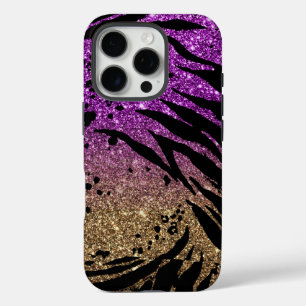 Tierdruck auf Lila und Gold-Glitzer iPhone 16 Pro Hülle