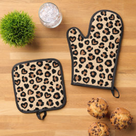 Tierdruck, Braunleopard, Geparden, Herz Ofenhandschuh & Topflappen-Set