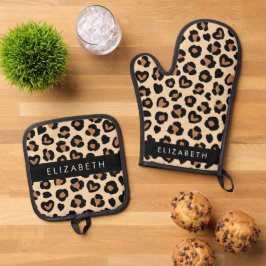 Tierdruck, Braunleopard, Herz, Ihr Name Ofenhandschuh & Topflappen-Set