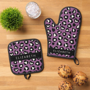Tierdruck, Lila Leopard, Herz, Ihr Name Ofenhandschuh & Topflappen-Set