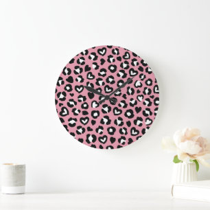 Tierdruck, rosa Leopard, Geparden, Herz Große Wanduhr