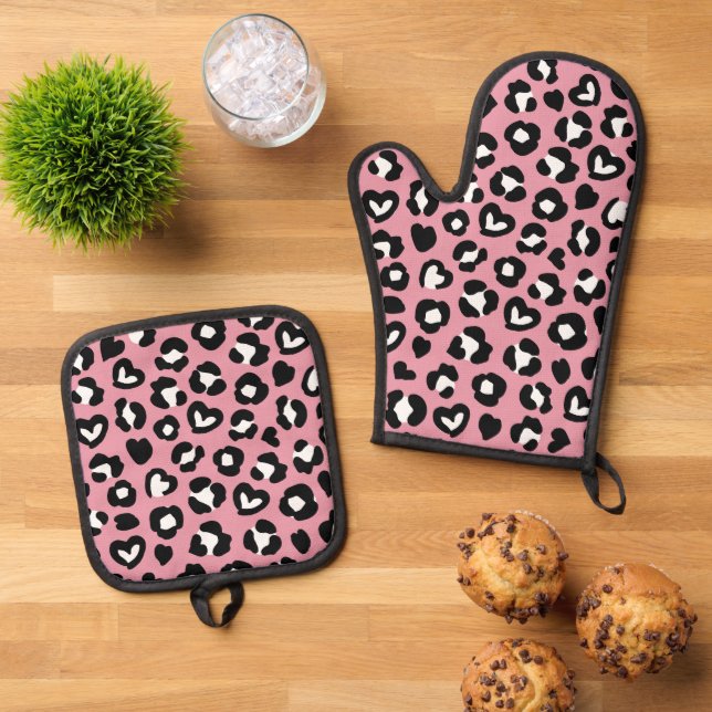 Tierdruck, rosa Leopard, Geparden, Herz Ofenhandschuh & Topflappen-Set (Oben Unten)