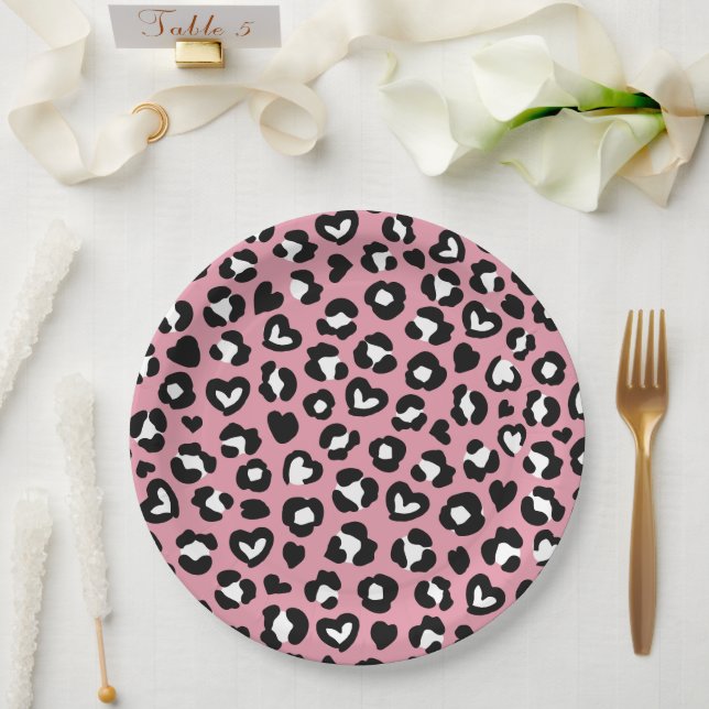 Tierdruck, rosa Leopard, Geparden, Herz Pappteller (Hochzeit)