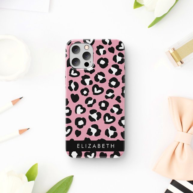 Tierdruck, rosa Leopard, Herz, Ihr Name iPhone 16 Hülle (Von Creator hochgeladen)