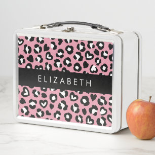 Tierdruck, rosa Leopard, Herz, Ihr Name Metall Brotdose