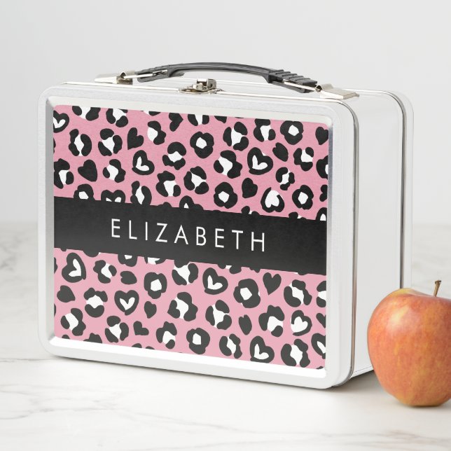 Tierdruck, rosa Leopard, Herz, Ihr Name Metall Brotdose (Beispiel)