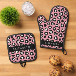Tierdruck, rosa Leopard, Herz, Ihr Name Ofenhandschuh & Topflappen-Set