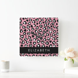Tierdruck, rosa Leopard, Herz, Ihr Name Quadratische Wanduhr