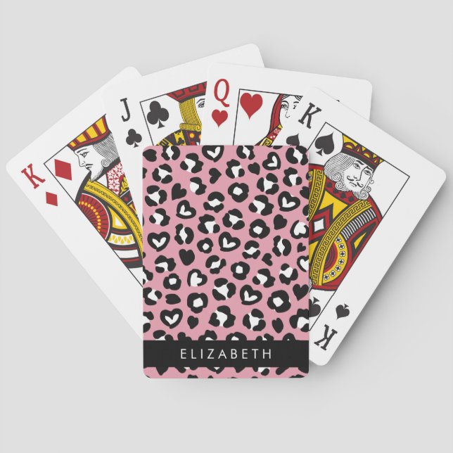 Tierdruck, rosa Leopard, Herz, Ihr Name Spielkarten (Rückseite)
